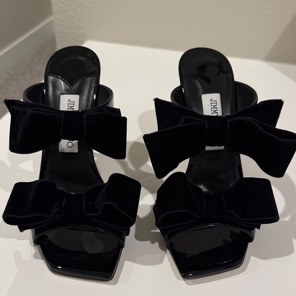 Jimmy Choo Flaca Sandals Black Patent Heels with Velvet Bows - authentic